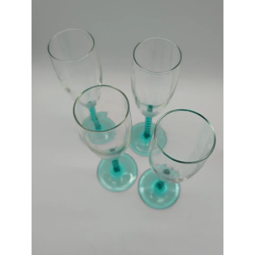 Set of 4 Vintage Cristal D'Arques Angelique Aqua Twisted Stem Champagne Flutes